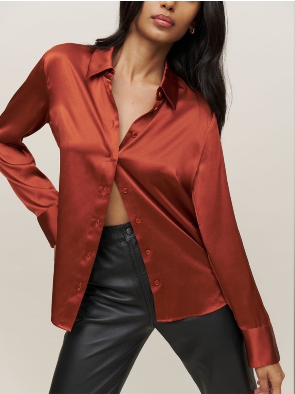 Reformation Sky 100% Silk Charmeuse Button Down Shirt Rust Red